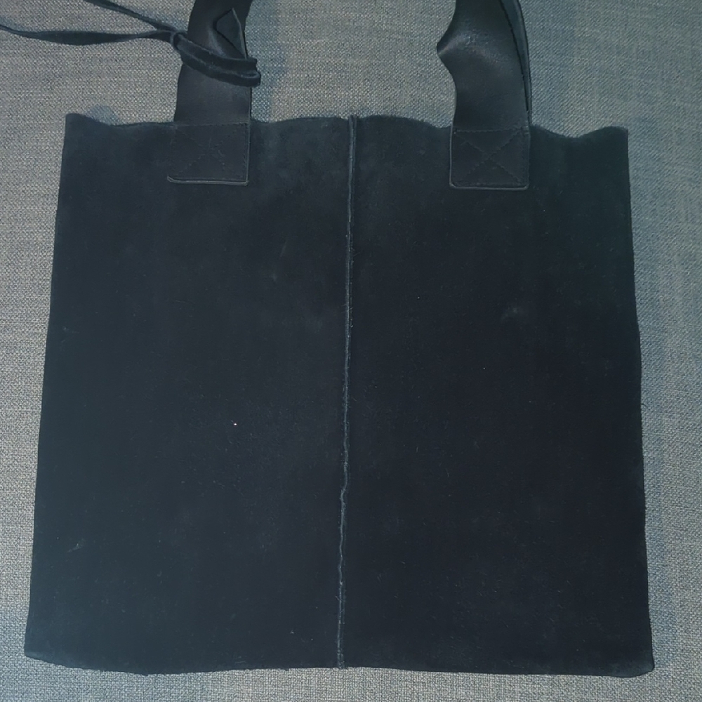Black Suede Tote Bag with Red Leather Tassel Accents - Picture 3 of 6